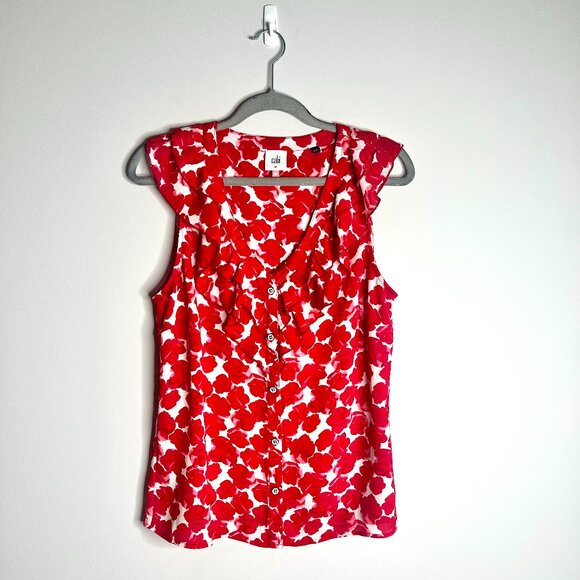 CAbi Rosy Top Style #4350 Button-Up Chiffon Ruffle-Neck Rose Print Sz Medium - Picture 2 of 5